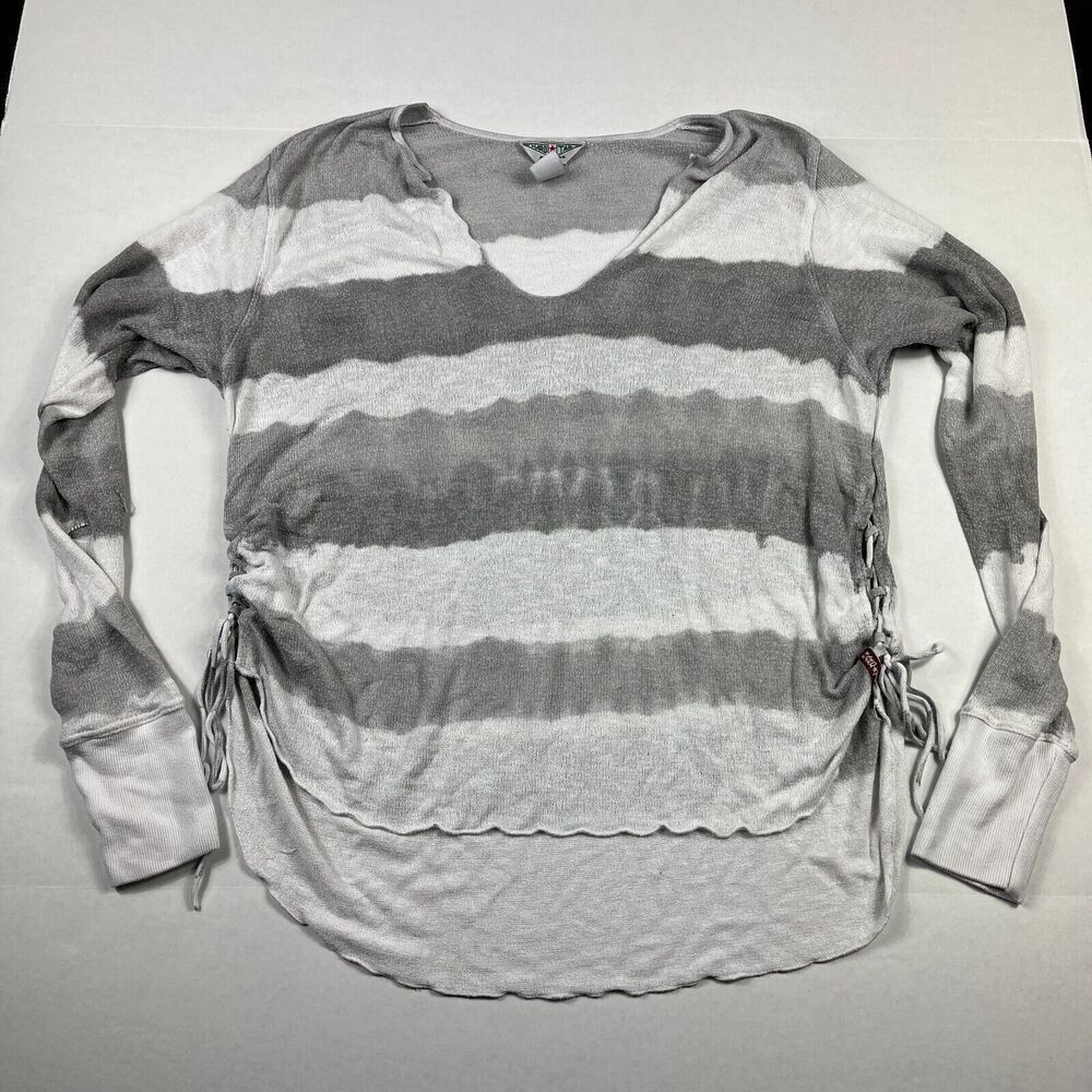 Hard Tail Striped Shirt Ruched Casual Long Sleeve Grunge Knit V-Neck Top L FLAW